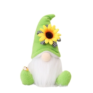 Green sunflower harvest gnome plush with white beard and a tiny bee on the foot