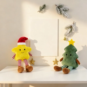 Christmas plush toy set with star and tree figures on a festive decorated white surface