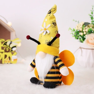 Striped bee gnome plush with yellow daisy hat and wings for home holiday decoration
