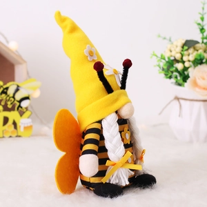 Striped bee gnome plush doll with wings and yellow pointed hat for spring home decor