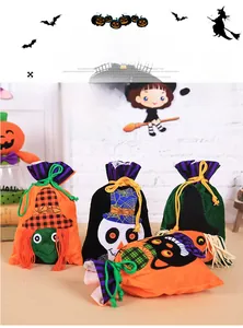 Detail of Halloween drawstring gift bags with witch, skeleton, and pumpkin felt characters