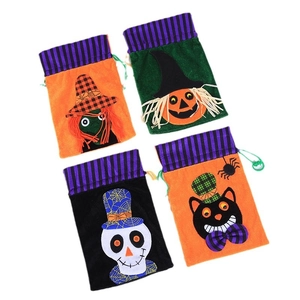 Halloween velvet drawstring gift bags featuring witch pumpkin skull and cat designs