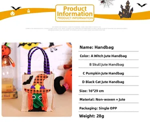 Detail view of witch pattern Halloween burlap bag showing 16x29cm size and non-woven fabric
