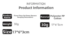 Detailed size chart and specifications for three-piece green banana plush pendants