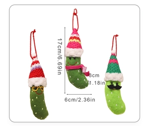 Detailed view of three crochet emotional pickles with Santa hats and 17cm size specs