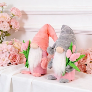 Handmade Mother's Day faceless gnome plush dolls with pink tulips for festive decoration