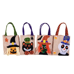 Set of four Halloween burlap tote bags with pumpkin, cat, witch and skeleton embroidery