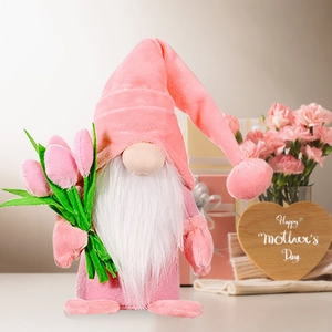 Plush Mother's Day gnome doll holding pink tulips for festive home and bedroom decoration