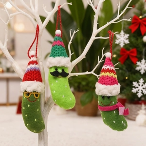 Handmade Knitted Christmas Pickle Hanging Ornaments Set Funny Green Emotional Pickle Doll With Hat Scarf For Festive Home Party Decoration