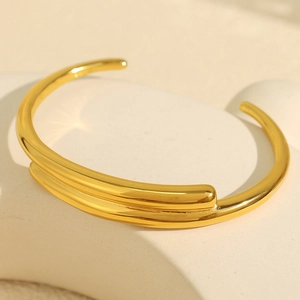 Polished 18k gold plated minimalist double-layered open cuff bracelet for women