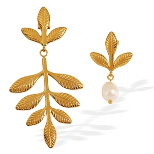 Asymmetric vintage gold leaf earrings with textured foliage and baroque pearl drops