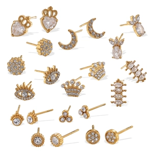 Lot de 20 boucles d'oreilles dorées en acier inoxydable avec lunes, couronnes et cœurs