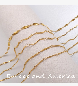 Detail view of 18K gold plated stainless steel chains in various link styles and textures