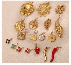 Collection of 18K gold plated stainless steel pendants in diverse natural floral shapes