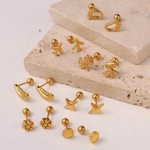 Titanstahl Goldene Ohrstecker Für Damen Kleiner Roboter Flugzeug Stern Feder Fußabdruck Formen Mode Piercing Schraubverschluss Schmuck
