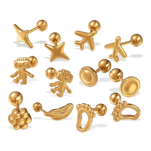 Set aus polierten Flugzeug- und Roboter-Ohrsteckern aus Gold und Edelstahl für Damen