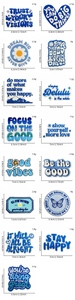 Detailed size specifications for 15 blue embroidered inspirational patches and badges