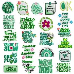 Cartoon Refreshing Healing English Letter Embroidered Patches Motivational Green Slogan Iron On Badge For Clothing Bags Appliques