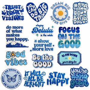 Blue White Embroidered Patches For Clothing Inspirational English Slogans Iron On Sew On Daisy Butterfly Heart DIY Decor
