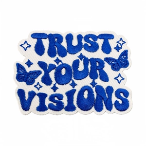 Blue embroidered 'Trust Your Visions' patch with butterfly and stars for clothing