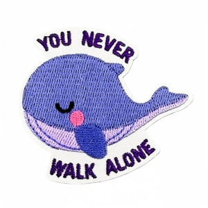 Cute purple embroidered whale patch featuring YOU NEVER WALK ALONE inspirational slogan