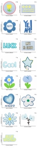Detailed overview of 15 blue floral embroidery patches with specific size and weight data