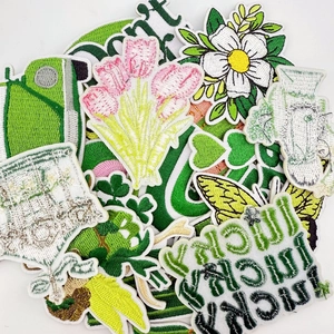 Macro view of floral and butterfly embroidered patches with high-density stitching details