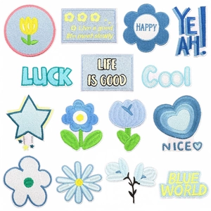 Blue Floral Embroidered Patches For Clothing DIY Iron On Sunflower Daisy Heart Letter Patches Sewing Repair Badge Accessories