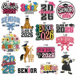 Close-up of 16 colorful 2026 graduation embroidery patches with detailed stitching