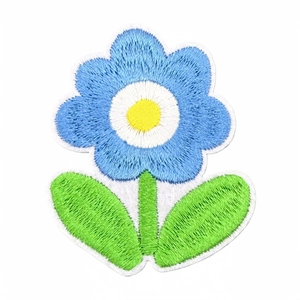 Blue flower embroidery patch with green leaves for iron-on clothing repair and bags