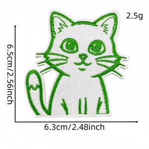 Green embroidered cat patch for clothes and bags measuring 6.5cm with 2.5g lightweight