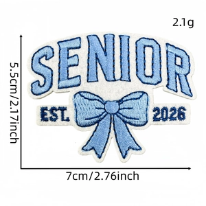 Blue Senior 2026 embroidered bow patch for clothing decoration 7cm width size detail