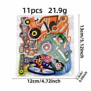 Set of 11 colorful cartoon vehicle embroidery patches with dimensions and weight info