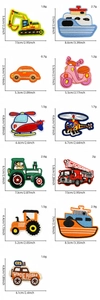 Detailed view of colorful cartoon vehicle embroidery patches with size and weight labels