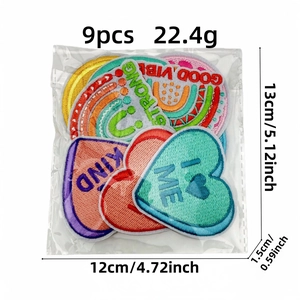 Set of 9 colorful rainbow heart embroidered patches with positive English text