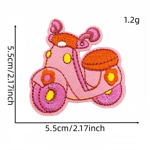 Cartoon embroidery car patch in pink and orange scooter design with size dimensions