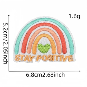 Rainbow embroidery patch with Stay Positive slogan and green heart for clothing