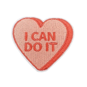 Colorful embroidered heart patch with I CAN DO IT slogan and white stitched border