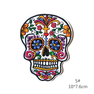 Colorful Mexican sugar skull embroidery patch for clothing DIY, 10x7.6cm floral design