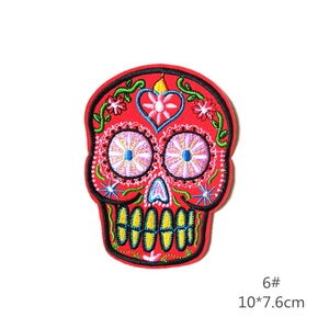 Embroidered Mexican sugar skull patch in red for clothing DIY, size 10x7.6cm