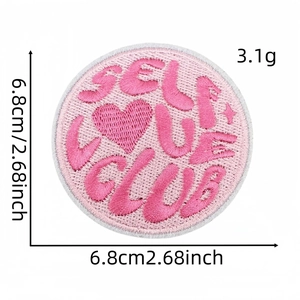 6.8cm round Self Love Club embroidered patch with pink heart and white border