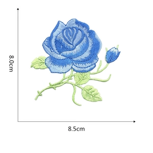 Detailed blue rose embroidery patch with precise dimensions of 8.0cm by 8.5cm