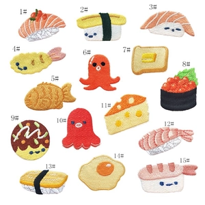 Detailed embroidery texture of 15 cartoon sushi and food iron-on clothing patches
