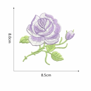 Detail view of purple rose embroidery patch with size markers 8.0cm and 8.5cm