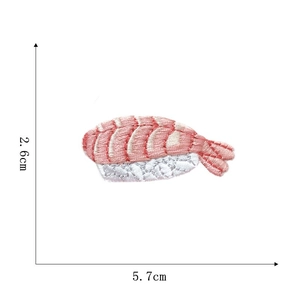 Detailed shrimp sushi embroidered patch with precise 2.6cm by 5.7cm size dimensions