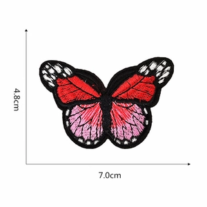 Macro detail of butterfly embroidery patch showing fine red threads and 7.0cm width size