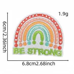 Detail showing embroidered rainbow patch with BE STRONG text and 6.8cm size measurements