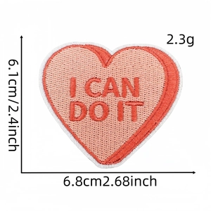 Detail view of heart embroidery patch with I CAN DO IT text and size measurements
