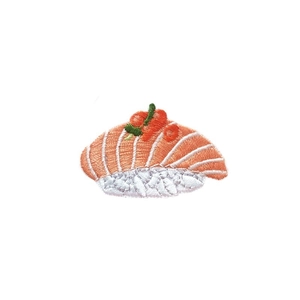 Detailed cartoon salmon sushi embroidery patch for clothing accessories on white background