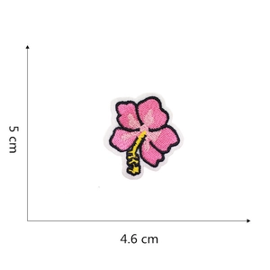 Detailed view of pink hibiscus flower embroidery patch with size dimensions 5cm by 4.6cm